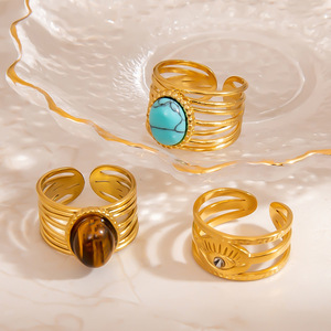 <b>Titanium</b> Steel <b>Ring</b> Eye Shape 18K Gold Plated Prong Setting Unisex Jewelry Gift - Product Image 2