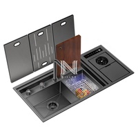 Évier de cuisine moderne noir nano en acier inoxydable 304 fait main, carré, 980x450mm, à trois trous, double bac, avec robinet dissimulé DN Smart