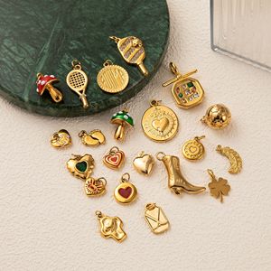 Ciondoli Dorati Fantasiosi |   Ciondolo in Acciaio Inossidabile Placcato Oro 18K PVD con Smalto a Forma di Cuore, Fungo, Quadrifoglio Portafortuna, Tennis per Creazione di Gioielli Fai-da-Te - Product Image 3