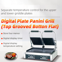 Grill de contact électrique professionnel double plaque pour panini, version électronique, en acier inoxydable, avec surface rainurée et partie inférieure plate