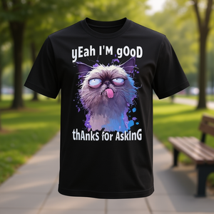 T-shirt avec image de chat, meme, je vais bien, merci d'avoir demandé, noir, unisexe, taille adulte - Product Image 3