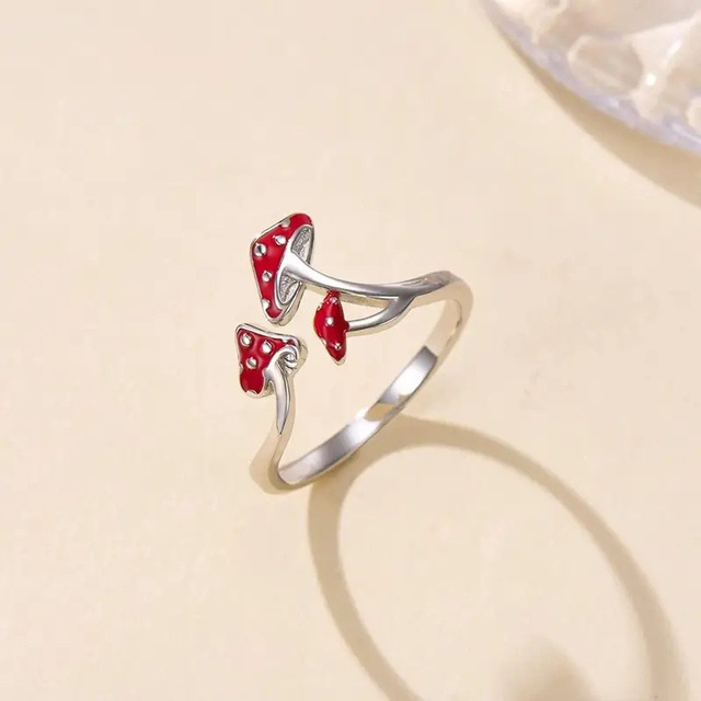 Elegant Red Mushroom Open Ring Refined Silver Plated Forest Theme Finger Band for Women Fashion Jewelry Gift