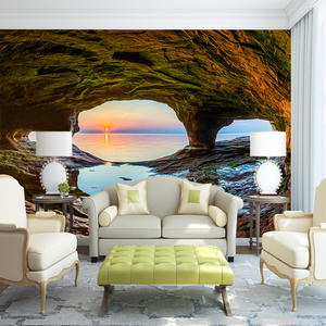 Papel Tapiz de Seda Impermeable con Vista al Atardecer en una Cueva Marina en 3D, Mural de Paisaje Natural para Sala de Estar y Baño - Product Image 1