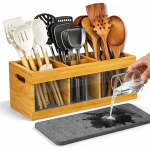 Caja de almacenamiento de cubiertos de bambú con compartimentos, organizador de cocina multifunción para espátula, cuchillo, tenedor y vajilla - Product Image 2