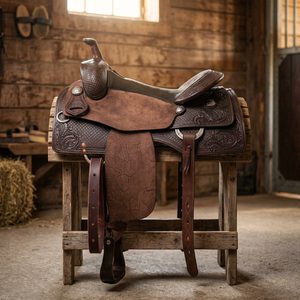 Silla de montar western profesional de cuero genuino marrón con guardabarros de cuero rugoso y asiento de gamuza, equipo de equitación personalizado - Product Image 3