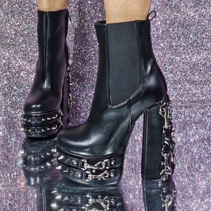Punk Short Booties Metal Chain Spike Rivets Round Toe Platform Shoes Women Ankle <b>Boots</b> High Chunky Heel Big Size 47 - Product Image 2