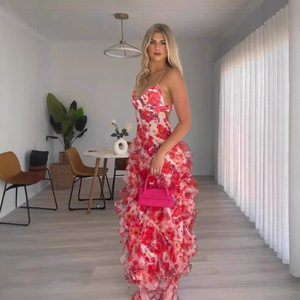 Vestido Largo de Noche con Hombros Descubiertos, Estampado Floral, Organza, Cintura Imperio, Capa Transparente, Moda Femenina, Estilo Primavera-Verano - Product Image 1