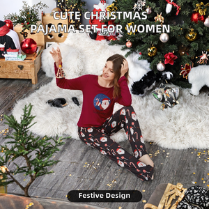 Ensemble pyjama deux pièces pour femme, imprimé Noël mignon, taille élastique, respirant, manches longues, vêtements de nuit et de détente pour l'hiver - Product Image 2