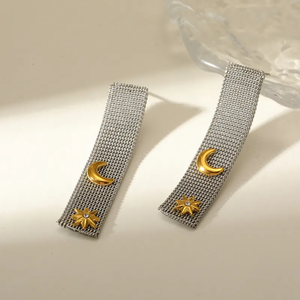 Boucles d'oreilles en forme d'étoile à huit branches, de feuille et de lune, en acier inoxydable 304 plaqué or 18 carats, avec zircon, bijoux multicolores, style contrasté en métal - Product Image 5