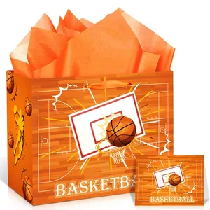 Custom Extra Large Specialty Luxury Orange Basketball Gift Paper Bag With Ribbon Handle