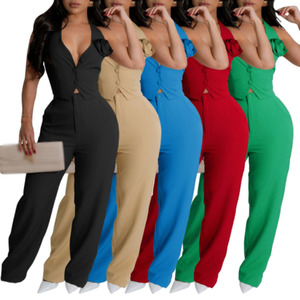 Conjunto de Dos Piezas para Mujer, Estilo Halter sin Mangas, Color Sólido, para Oficina, Moda de Verano - Product Image 1
