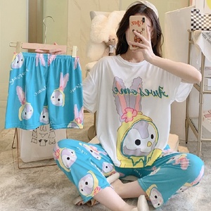 <span class=keywords><strong>Pigiama</strong></span> moda donna pantaloncini manica corta <span class=keywords><strong>pantaloni</strong></span> <span class=keywords><strong>lunghi</strong></span> 3 pezzi Set pigiami Loungwear sottile estate morbido latte freddo indumenti da notte coreani - Product Image 3