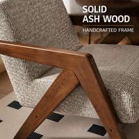 Fauteuil en bois de caoutchouc style Richard, fauteuil lounge vintage en lin rayé avec siège rembourré en mousse haute densité pour une lecture confortable