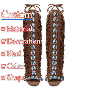 2025 moda occidental <span class=keywords><strong>botas</strong></span> de fábrica fabricante personalizado al por mayor de diamantes de imitación estilo rural rodilla alta bota <span class=keywords><strong>con</strong></span> flecos de vaquero - Product Image 2