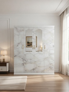 Armario Moderno Minimalista de Acero con 4 Puertas, Panel de Espejo con Impresión Abstracta de Ondas Doradas, <span class=keywords><strong>Mueble</strong></span> Metálico para Dormitorio - Product Image 1