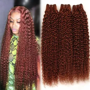 Pas cher brésilien humain remy cheveux armure rouge cuivre foncé auburn couleur #33 crépus bouclés doux cheveux faisceaux avec fermeture à lacet