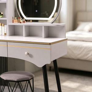 Modern Makeup Vanity <b>With</b> Lighted Mirror Storage <b>Drawers</b> Bedroom <b>Dressing</b> <b>Table</b> <b>With</b> Stool - Product Image 3