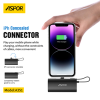 ASPOR A352 Prix d'usine, batterie externe ultra-fine 5000mAh avec câble intégré, mini compacte portable, batterie externe d'urgence PD20W+QC22.5W
