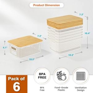 Plastic Storage Baskets With Bamboo <b>Lid</b> Stackable Storage <b>Bins</b>: Storage Baskets for Organizing - Product Image 6