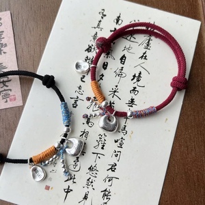 Pure Silver Chubby Lucky Bag <b>Rope</b> <b>Bracelet</b> Wine Red And Black Braided Charm Unisex Gift Jewelry - Product Image 3