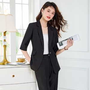 Women's Suit Set Three Quarter Sleeve Satin Breathable Office Lady Commute Work Interview Blue Beige - Product Image 2