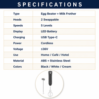 Batteur à œufs électrique, mousseur à lait, mixeur à main sans fil, rechargeable par type C, 5 vitesses, écran LED pour la cuisine et la pâtisserie