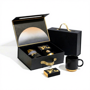Luxury Rigid Gift <b>Box</b> Set With Gold Foil Design Handle Black Packaging For Tea Mug Lamp And <b>Cards</b> - Product Image 3