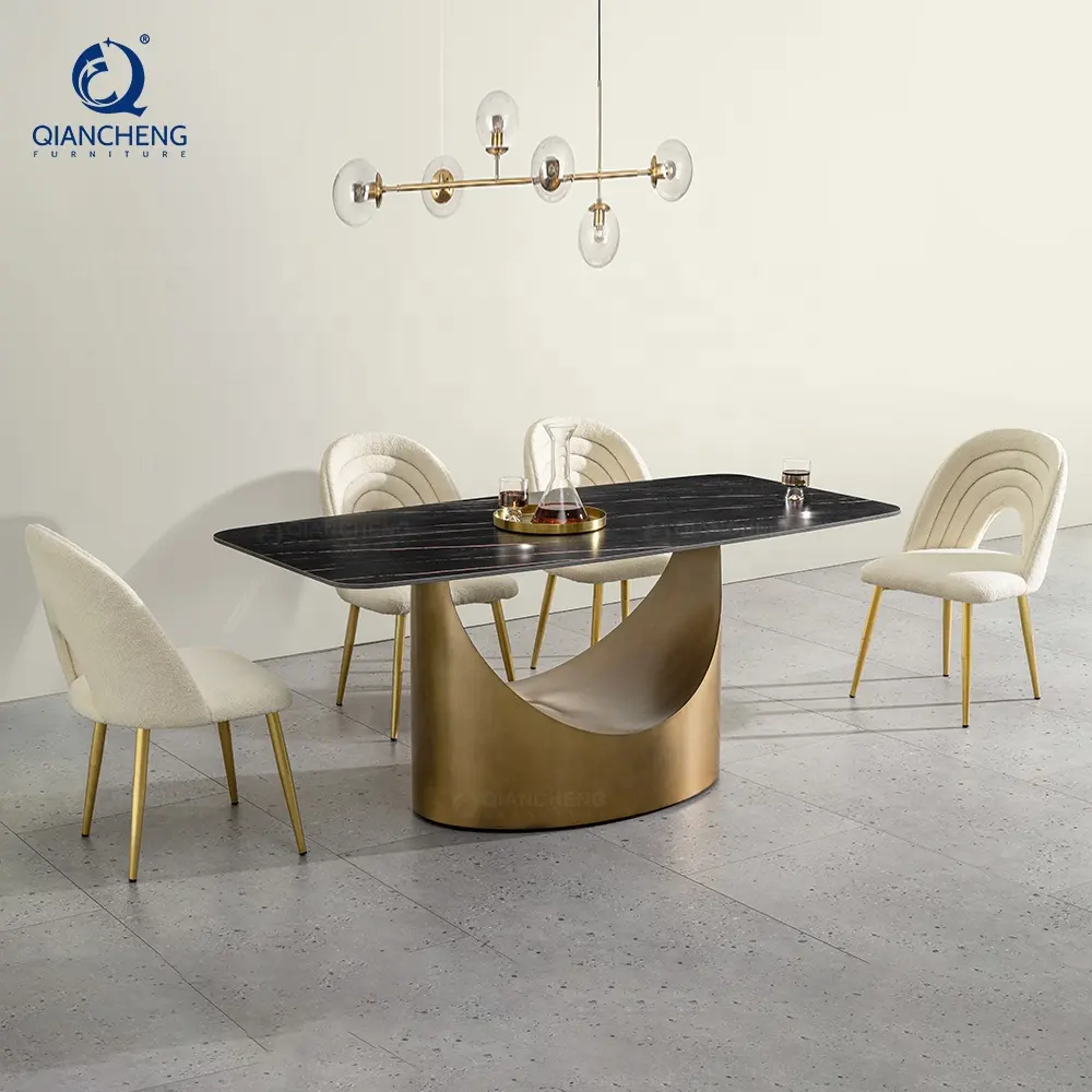 QIANCHENG סין עשה 4 6 8 10 מושבים מזנון comedor אוכל מטבח mesa de cozinha jantar אבן השיש ברונזה אוכל שולחן