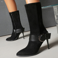 Bottines en daim pour femme, grande taille 46, à boucle, talons hauts fins, bout pointu, fermeture éclair latérale, style stiletto pour soirée