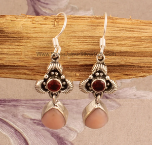 Natural Pink Opal & Garnet Solid 925 Sterling SilverHandmade <b>Floral</b> Silver Earrings For Wedding Anniversary - Product Image 6