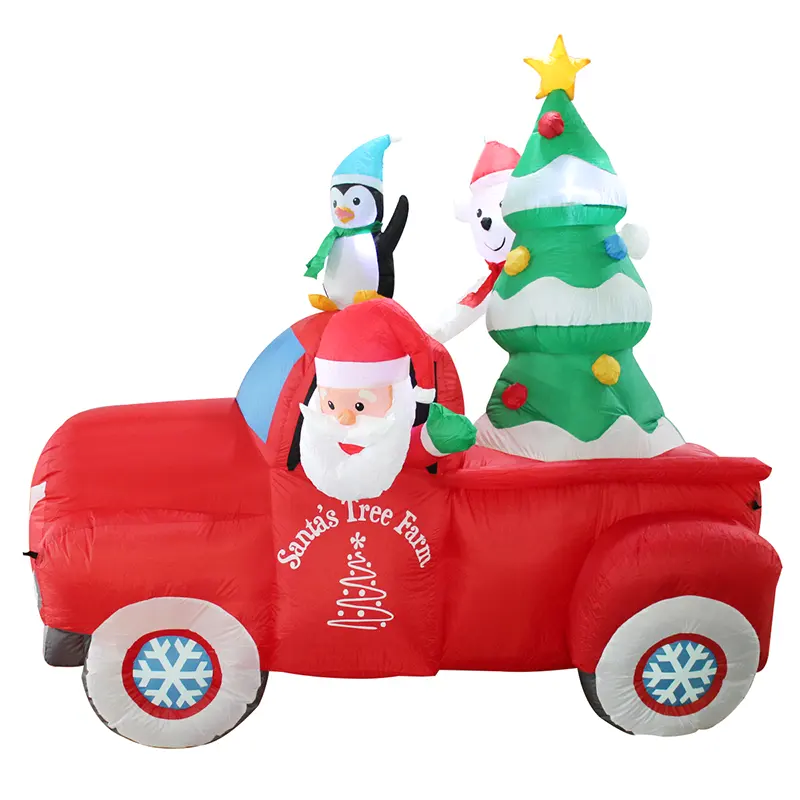 Babbo natale gigante guida un'auto incandescente albero di natale pinguino grande decorazione gonfiabile di natale all'aperto