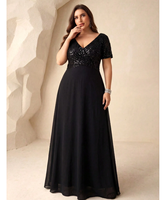 Nouvelle Arrivée Robe de Soirée Élégante en Chiffon à Col en V, Couleur Unie, avec Patchwork de Paillettes et Ourlet Évasé, pour Soirée, Mariage, Printemps, Noire
