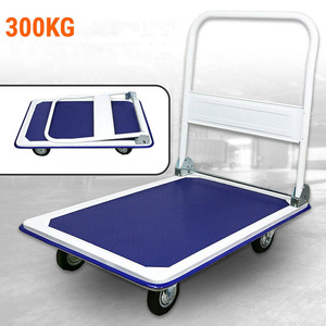 <b>Foldable</b> Flatbed Truck Steel 4 Wheel Blue Industrial Single Layer Cargo <b>Trolley</b> Hand Cart - Product Image 3