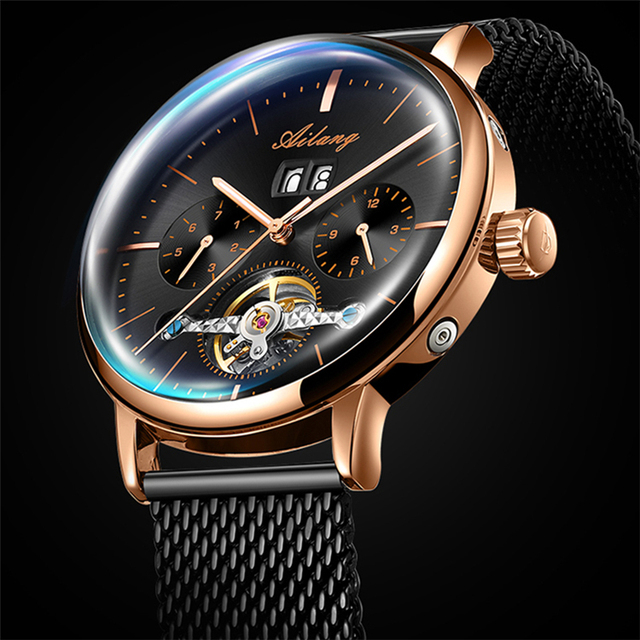AILANG Top Brand Automatic Watch Men Stainless Steel Self Wind Calendar Mechanical Watches Tourbillon Luxury Relogio Masculino
