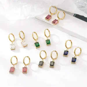 Luxury dainty stainless steel crystal stone square shape hoop earrings for women