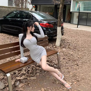 U Neck Long Sleeve Bodycon Dress Tight Waist Solid Color Party Casual Dress Light Gray Black Red YX-9169 - Product Image 3