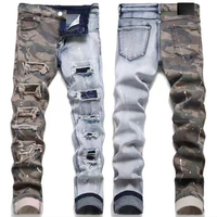Jeans camouflage à jambes fendues pour hommes, patchwork contrastant, denim slim, effet empilé, streetwear déchiré, décontracté, personnalisé, OEM