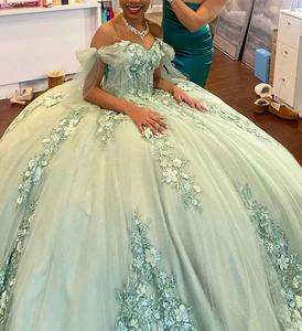 Luxe Sage Vert Quinceanera Robes 3D Perles Floral Dentelle Robes De 15 Anos Fête D'anniversaire <span class=keywords><strong>Robe</strong></span> De Bal - Product Image 1