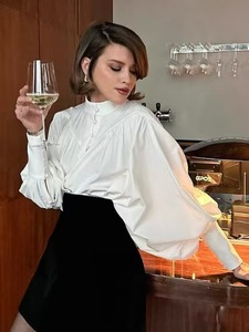 <span class=keywords><strong>Chemisier</strong></span> décontracté <span class=keywords><strong>blanc</strong></span> à col montant et manches larges, style français élégant, boutonné, pour femme, style cour, à manches longues, idéal pour l'été - Product Image 3