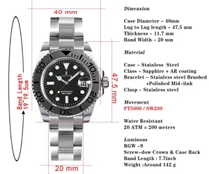 Cronos Sub Diver montre pour hommes en acier inoxydable PT5000, bracelet brossé, lunette en céramique, résistant à l'eau à 200 mètres, L6018 - Product Image 2