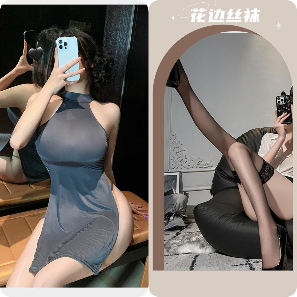 Gray jumpsuit + panties + black stockings