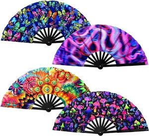 <b>Large</b> Folding Hand <b>Fans</b> for Rave UV Rainbow Handheld <b>Fan</b> with Bamboo Ribs and Fabric Case Painted Technique Business Gift - Product Image 1