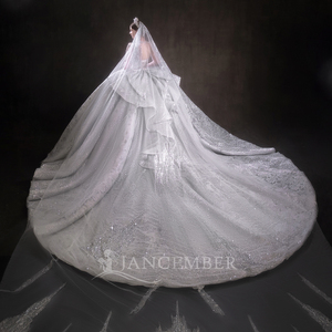Vestido de Novia Moderno LSHT100 con Cuello Alto, Manga Larga, Encaje Floral, Apliques de Cristal y Cola de Capilla - Product Image 2