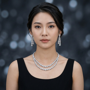 ชุดสร้อยคอและต่างหูสองชั้นประดับเพชร CZ ชุบโรเดียมทองเหลืองหรูหราสำหรับผู้หญิง งานหมั้น งานแต่งงาน - Product Image 1