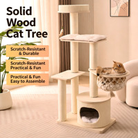 Arbre à chat de luxe en bois massif écologique, multi-niveaux avec condo, hamac et poteaux en sisal, tour d'activités intérieure pour chats petits/moyens