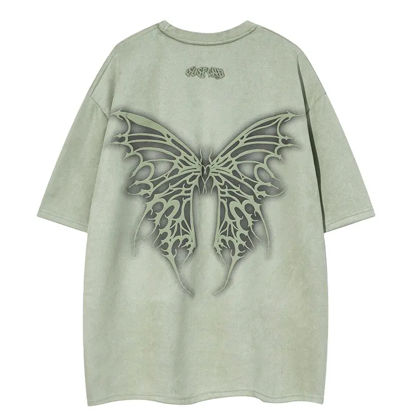 Manufacture 2023 Summer Unisex Oversized Harajuku Vintage Suede Street Butterfly Graphic Print T-Shirt For Men