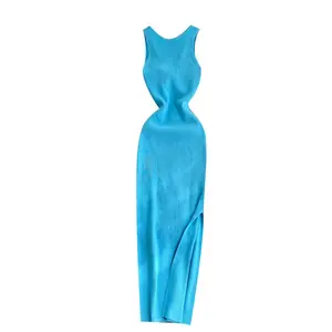 Sin mangas cuello redondo sólido espagueti Slip vestido verano Simple tejido de cintura alta Maxi vestido señoras Sexy vestidos ropa mujer