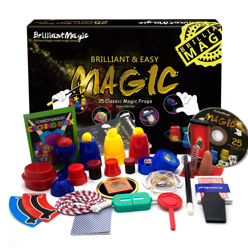 Kit mágico para crianças, kit mágico para crianças, incluindo 25 truques, fácil de jogar, mágico, melhor presente para meninos e meninas, instrução em dvd