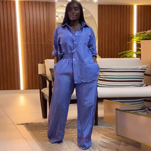 Ensemble Décontracté Femme Nouvelle Mode Été 2025, Chemise Rayée Boutonnée à Manches Longues et Pantalon Ample - Product Image 1