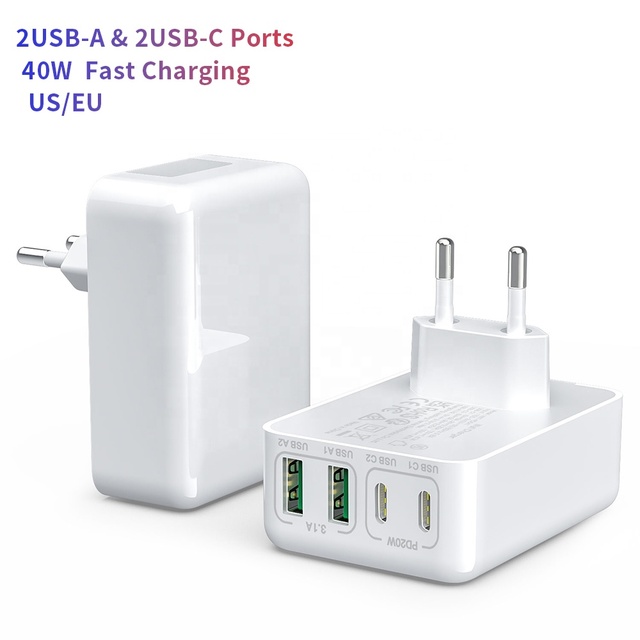 40W Dual USB C Travel Adapter 4-port USB QC3.0 Fast Charging Head EU US Plug Universal Adapter OTP&OVP Protected Slim Charger